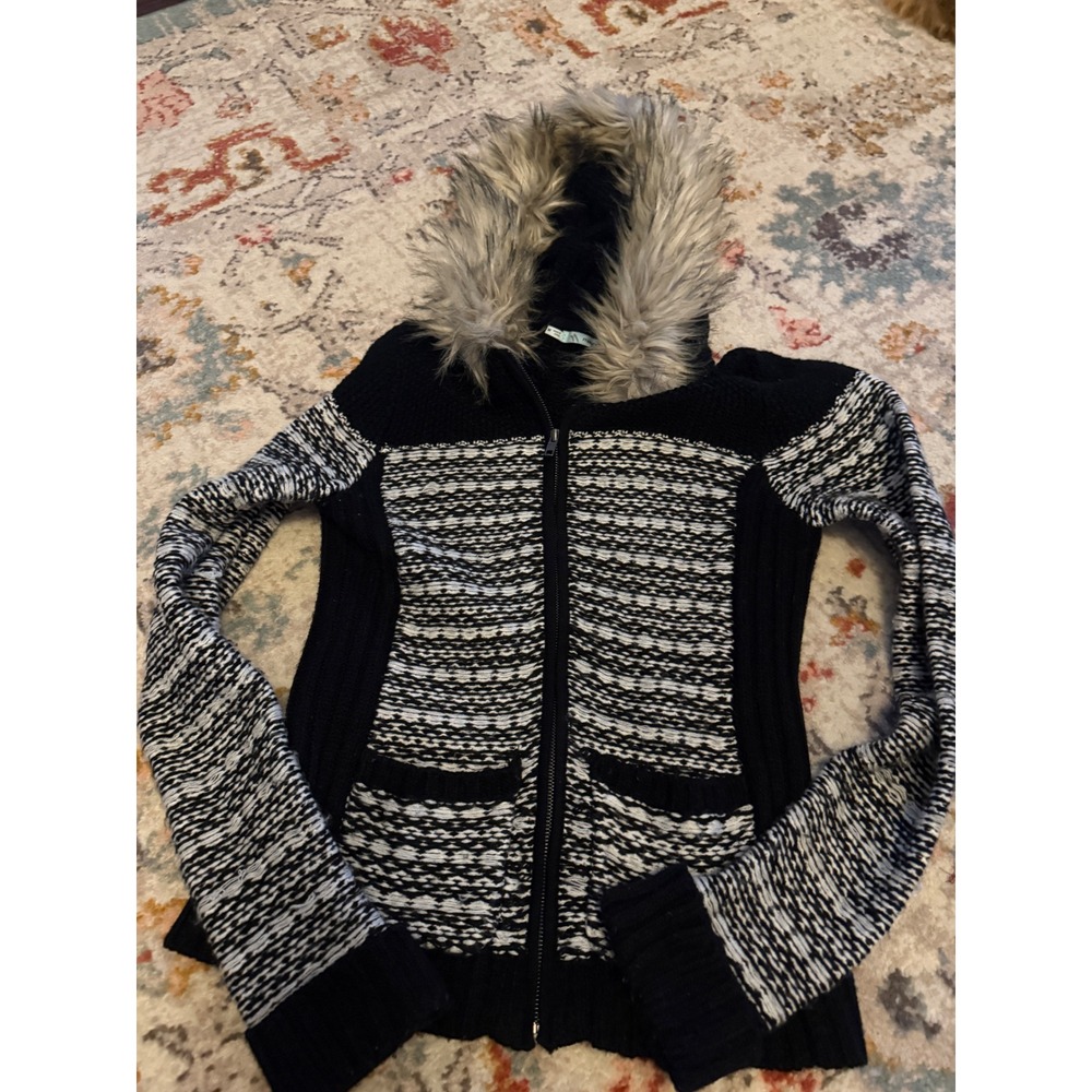 Maurices Womens Medium Black White Marled Knit Faux Fur Hooded Zip Cardigan